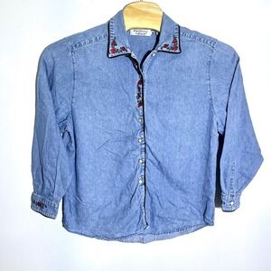 Signatures Northern Isles Denim Shirt‎ Rose Embroidered Button Down Top Size 14